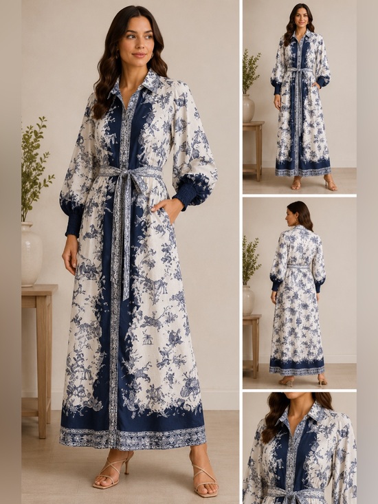 Alemais Dresses & Skirts - ALEMAIS Linen Toile Print Belted Maxi Dress Pockets Blue White US 12
